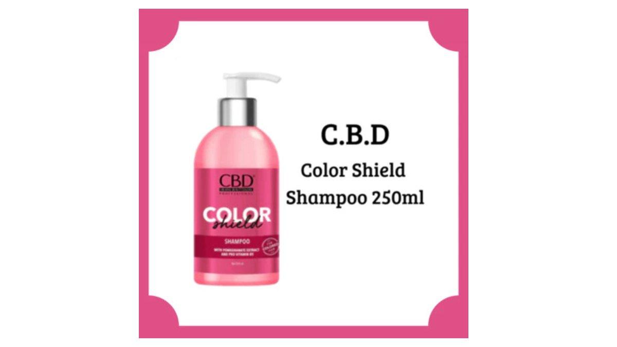Ilustrasi kemasan produk CBD Color Shield Shampoo 250 ml untuk rambut diwarnai
