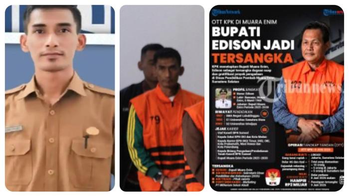 OTT KPK - Kolase foto Abi Nurwardani, SekDinas Pendidikan dan Kebudayaan Kabupaten Muara Enim, tersangka dugaan suap dan gratifikasi proyek pengadaan di Dinas Pendidikan.  KPK kembali melakukan operasi tangkap tangan (OTT) yang menyeret pejabat daerah. Kali ini, Bupati Muara Enim, Edison, ditetapkan sebagai salah satu tersangka dalam kasus dugaan suap dan penerimaan gratifikasi terkait proyek pengadaan barang di lingkungan Pemerintah Kabupaten Muara Enim, Sumatera Selatan. Sosok dan karir moncer Abi Nurwardani Sekdis Dikbud Muara Enim tersangka OTT KPK bersama Bupati Muara Enim, Edison. 