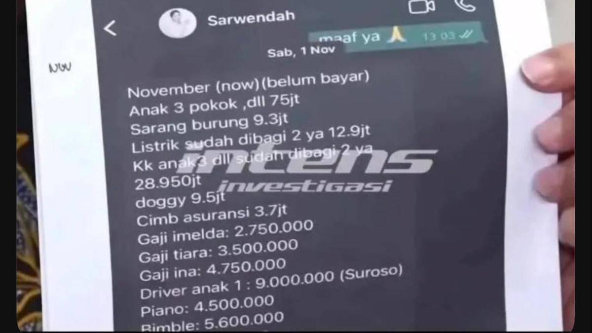 Daftar rincian pengeluaran uang nafkah dari Ruben Onsu yang dikelola Sarwendah.