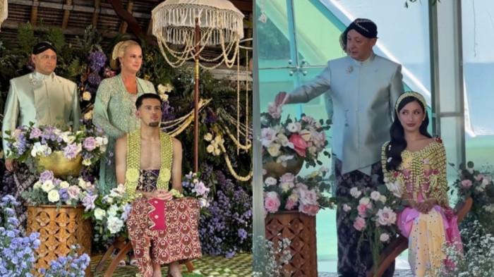 PROSESI SIRAMAN- Justin Hubner dan Jennifer Coppen menjalani prosesi siraman dan duduk di atas pelaminan siraman yang dipenuhi dekorasi bunga lavender dan melati.