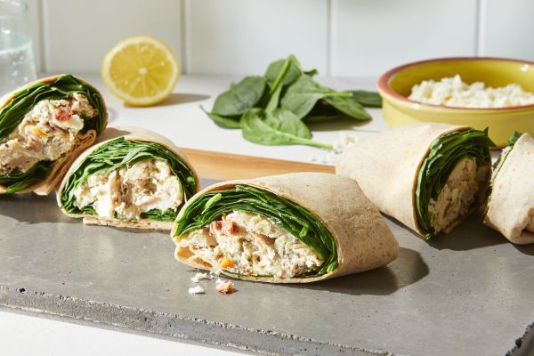 a recipe photo of the Chicken, Spinach & Feta Wrap Credit: Photographer: Grant Webster, Food Stylist: Addelyn Evans, Prop Stylist: Gabe Greco