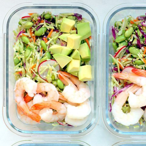 containers with spicy slaw bowls with shrimp & edamame