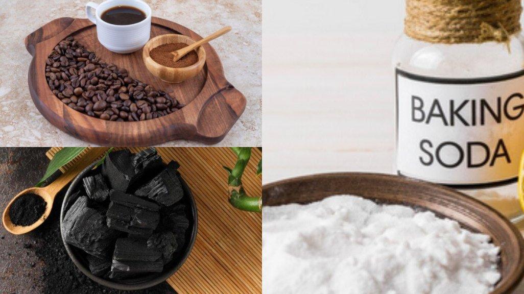 Ilustrasi baking soda, bubuk kopi, dan arang aktif atau charcoal
