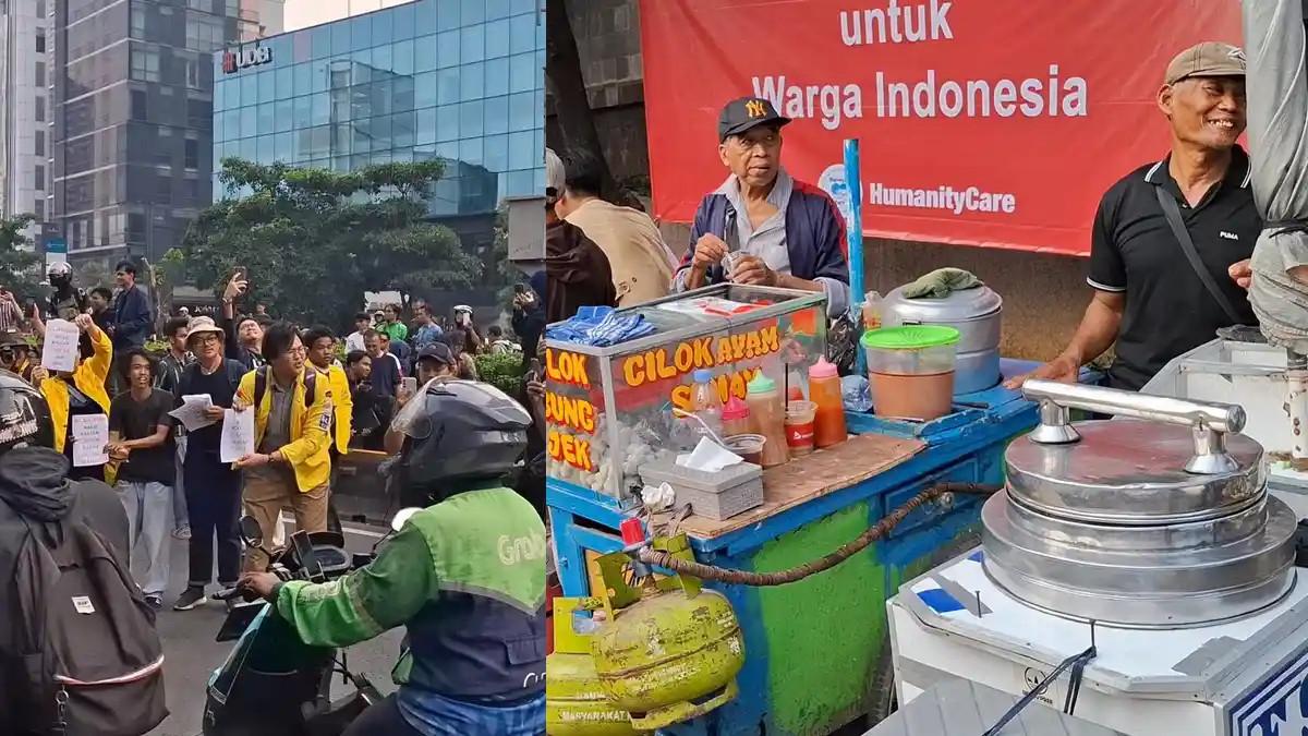 DEMO MAHASISWA - Sejumlah pedagang kaki lima mendapatkan rezeki nomplok saat hadir di Kawasan Bundaran HI, dagangan mereka diborong habis relawan, Jumat (12/6/2026).