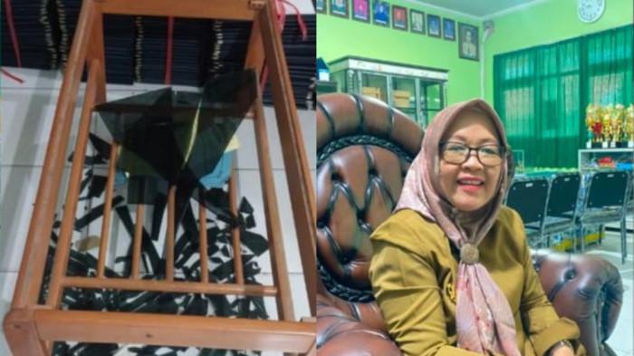 OKNUM CAMAT NGAMUK -  Kepala SMPN 1 Bengkulu Selatan, Liasrawati (kiri) dan meja yang rusak (kanan). Kejadian bermula saat seorang wali murid mendatangi sekolah pada Jumat (29/5/2026) yang merasa kesal dengan nilai TKA anaknya yang rendah.