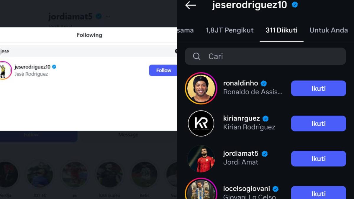RUMOR TRANSFER - Aksi follow Instagram Jordi Amat dengan Jese Rodriguez (kiri) dan Jese Rodriguez dengan Jordi Amat (kanan).