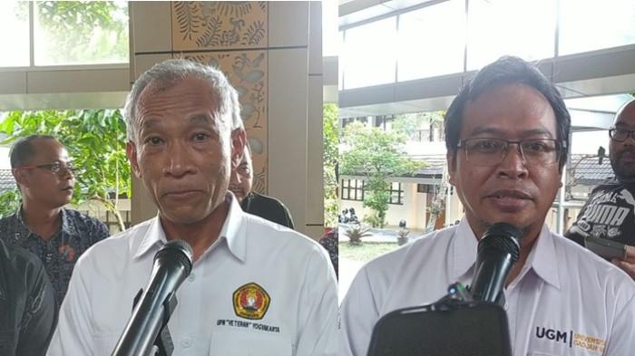 HASIL PENELITIAN: Ketua Tim Fakultas Teknologi Mineral Energi UPN Veteran Yogyakarta, Prof. Basuki Rahmad dan Dosen sekaligus Asisten Profesor Departemen Teknik Geologi UGM, Sarju Winardi (kacamata) memaparkan hasil penelitian soal penyebab api misterius di Kasuran Seyegan Sleman. Kesimpulan para peneliti menyebutkan 'teror api' misterius yang melanda rumah Agusyani bukan faktor geologi maupun fenomena alam.