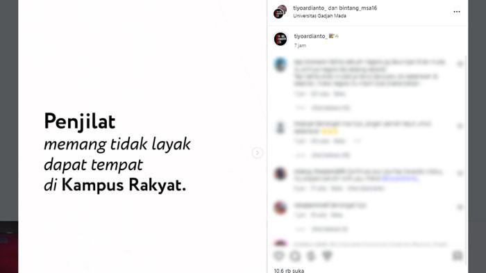 MAHASISWA UGM GERUDUK PEJABAT: Tangkapan layar postingan Tiyo Ardianto usai insiden Budiman Sudjatmiko dan dua pejabat lainnya digeruduk mahasiswa UGM dalam diskusi pada Senin (15/6/2026) malam.