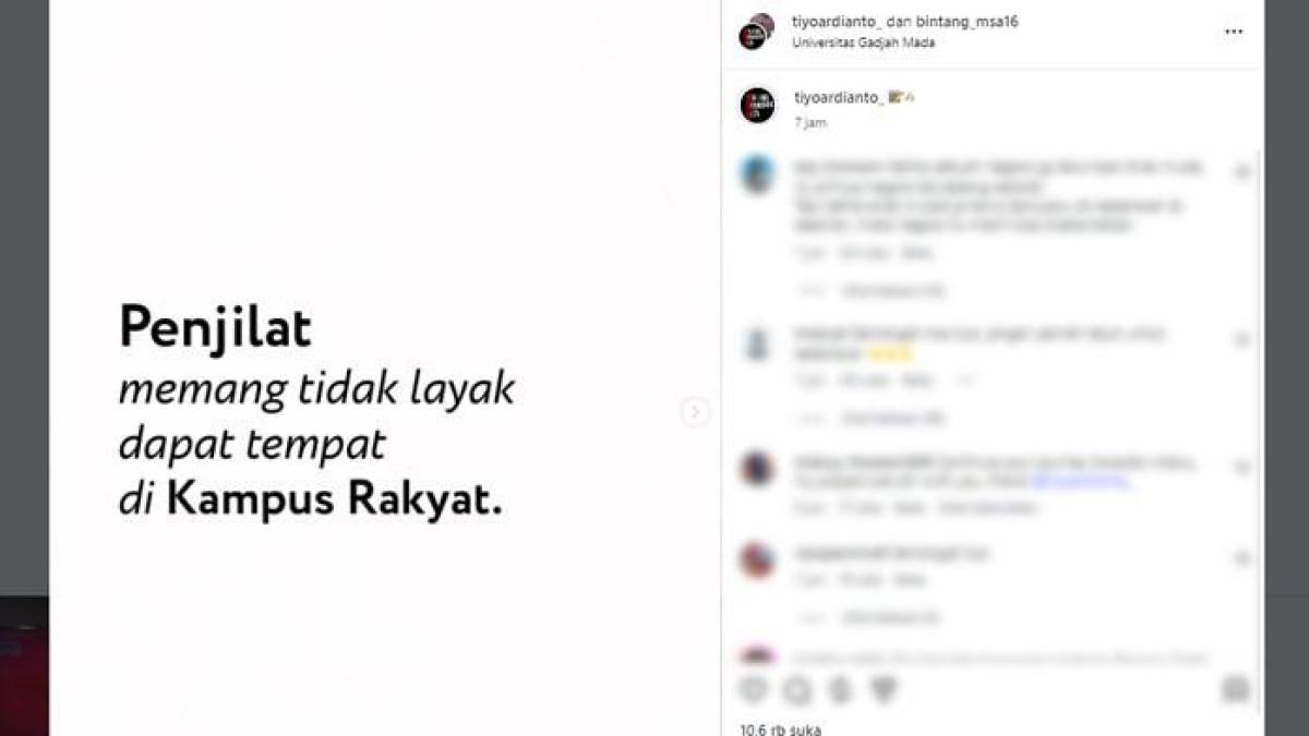 MAHASISWA UGM GERUDUK PEJABAT: Tangkapan layar postingan Tiyo Ardianto usai insiden Budiman Sudjatmiko dan dua pejabat lainnya digeruduk mahasiswa UGM dalam diskusi pada Senin (15/6/2026) malam