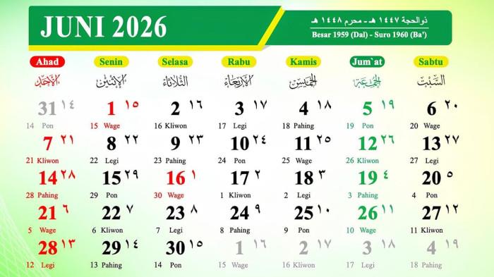 KALENDER JUNI 2026 - Masuk Pekan Ketiga Juni 2026, Kapan Jadwal Libur Tanggal Merah Lagi?