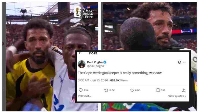 KIPER TANJUNG VERDE. - Kolase tangkap layar dari X/@paulpogba dan Instagram/@fifaworldcup, Selasa (16/6/2026). Vozinha tampak menahan air mata sambil memeluk rekan setimnya di tengah perayaan para pemain Tanjung Verde, tangkapan layar ini menunjukkan luapan emosi setelah penampilan heroik Vozinha di bawah mistar gawang. Wajah Vozinha yang berkaca-kaca menjadi simbol perjuangan panjang dan kebanggaan negara Afrika itu di panggung terbesar sepak bola dunia, Piala Dunia 2026.