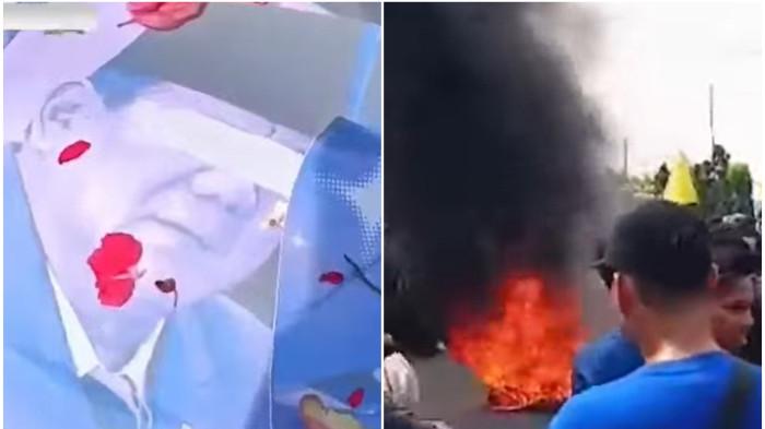 DEMO MAHASISWA - (Kiri) Foto Presiden Prabowo Subianto dan (Kanan) Aksi mahasiswa membakar ban saat demo di depan Gedung DPRD Provinsi Lampung, pada Senin (15/6/2026) siang.