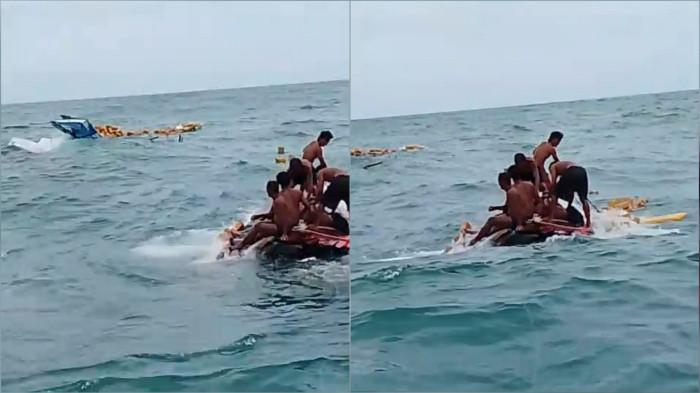 BERTAHAN - Lima ABK Kapal Nelayan Mega Harapan yang bertahan di atas pecahan kapal usai insiden laka laut di Perairan Labuan Mas, Kecamatan Pulaulaut Selatan, Kabupaten Kotabaru, Selasa (16/6/2026).