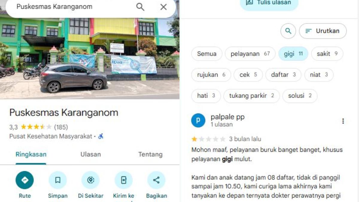 KABAR KLATEN - Review buruk warganet soal pelayanan di Puskesmas Karangnom, Klaten.