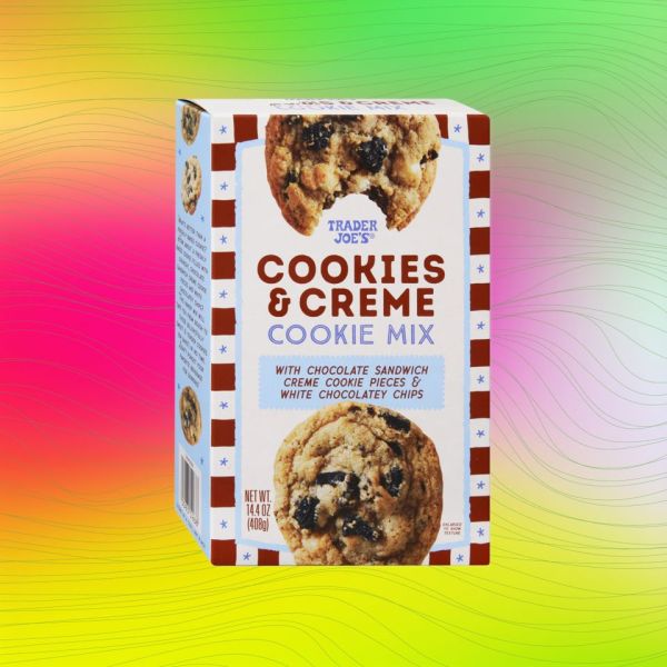 Trader Joes Cookies Creme cookie mix package backgrounded by a vibrant gradient pattern Credit: Trader Joe's. EatingWell design.