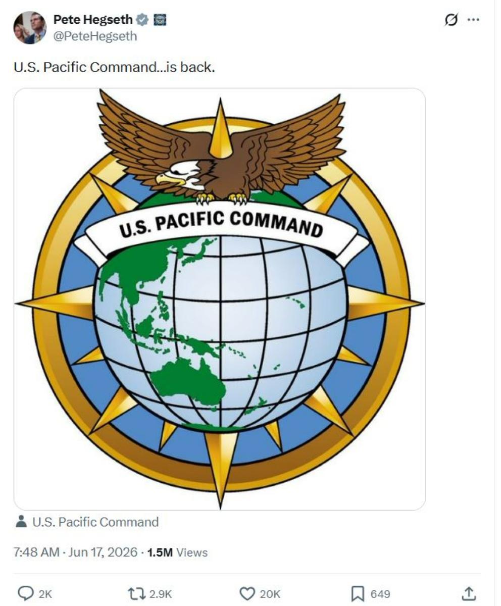 KOMANDO TEMPUR AS - Tangkap layar media sosial Menhan AS Pete Hegseth yang menyambut pergantian nama Komando Indo-Pasifik AS (INDOPACOM) menjadi Komando Pasifik AS (PACOM). Pentagon memutuskan mengembalikan nama Komando Indo-Pasifik AS (INDOPACOM) menjadi Komando Pasifik AS (PACOM), dengan alasan untuk menghormati sejarah panjang komando tersebut sejak 1947.