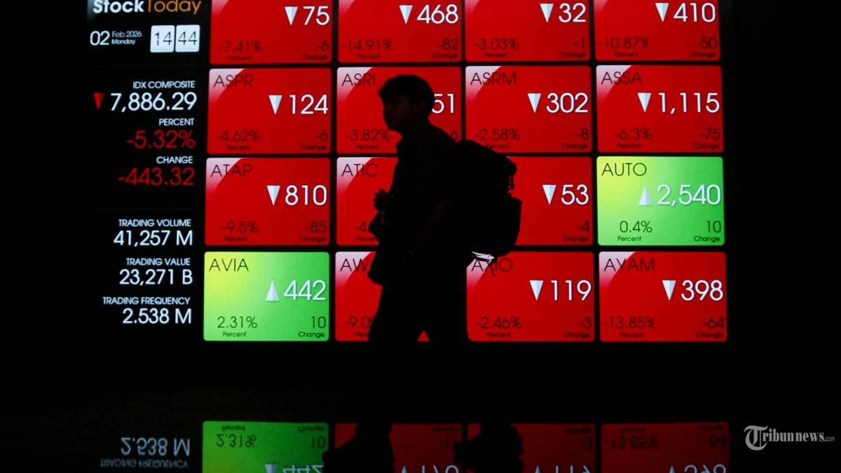 IHSG MELEMAH - Pengunjung melihat layar digital pergerakan Indeks Harga Saham Gabungan (IHSG) di Bursa Efek Indonesia, Jakarta, Senin (2/2/2026). IHSG melemah 406 poin atau turun 4,88 persen ke level 7.922,7 pada penutupan perdagangan 2 Februari 2026. TRIBUNNEWS/IRWAN RISMAWAN