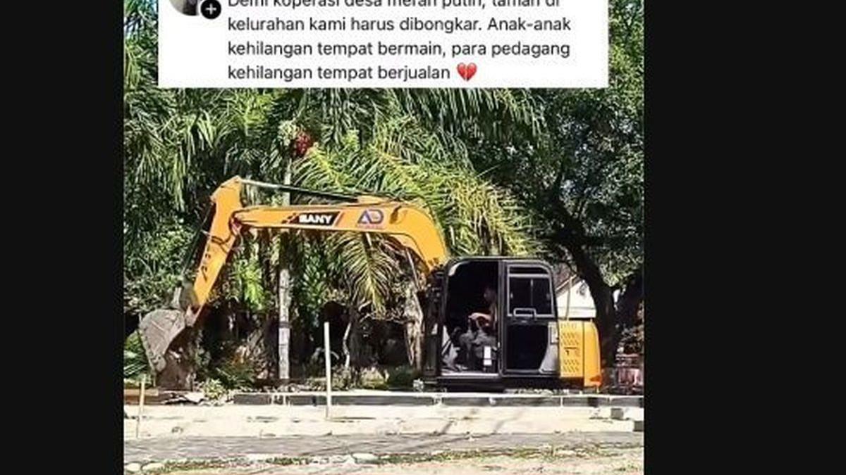 KOPDES MERAH PUTIH - Tangkapan layar alat berat di taman di Jatinom, Klaten yang viral disebut dibongkar untuk KDMP.