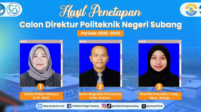 POLSUB - Proses pemilihan Direktur Politeknik Negeri Subang (Polsub) periode 2026-2030 memasuki babak baru. Panitia Pemilihan Direktur Polsub menggelar Rapat Senat Terbuka untuk penyampaian visi, misi, dan program kerja para bakal calon direktur pada Rabu (17/6/2026) di Gedung Jurusan Pertanian, Kampus Cibogo, Subang.