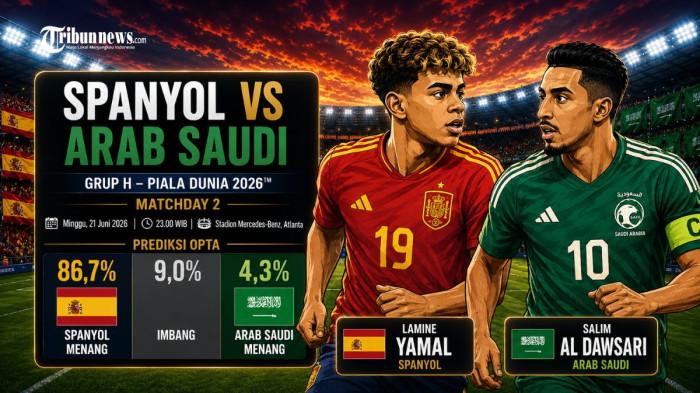 SPANYOL VS ARAB SAUDI - Prediksi skor Spanyol vs Arab Saudi pada matchday kedua Grup H Piala Dunia 2026 di Stadion Mercedes-Benz, Atlanta, Amerika Serikat, Minggu (21/6/2026) malam WIB. Spanyol dijagokan menang.