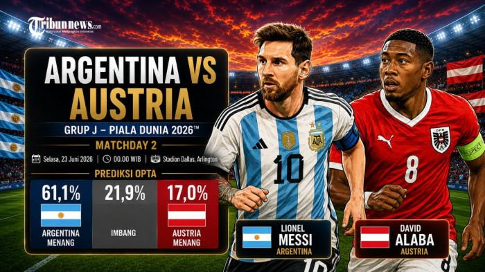 ARGENTINA VS AUSTRIA - Predikdi Skor Argentina vs Austria pada laga matchday kedua Grup J Piala Dunia 2026 di Stadion Dallas, Arlington, pada Selasa (23/6/2026) pukul 00.00 WIB.