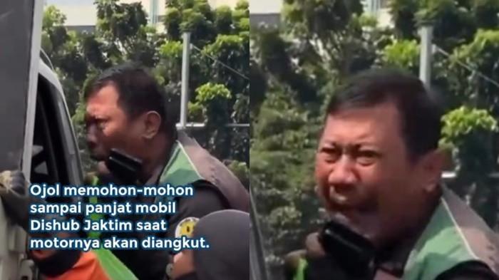 DRIVER OJOL -- Rekaman video amatir memperlihatkan seorang pengemudi ojol nekat memanjat pintu truk Dishub karena tidak terima motornya diangkut petugas saat mengambil pesanan.