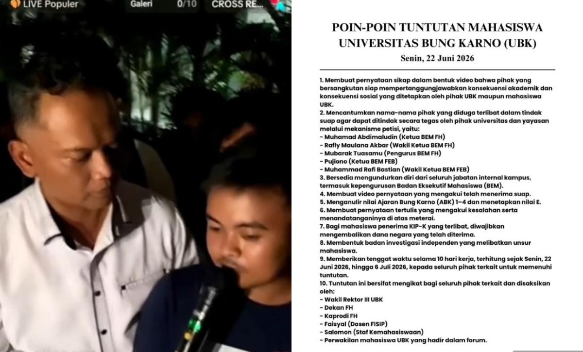 VIRAL - Foto kiri memperlihatkan Ketua BEM FH UBK, Muhammad Abdi Maludin yang digeruduk oleh ratusan mahasiswa buntut dugaan menerima suap pada Senin (22/6/2026). Sementara foto kiri merupakan 10 tuntutan mahasiswa terkait dugaan suap yang diterima perwakilan mahasiswa UBK yang bertemu Wapres Gibran Rakabuming Raka.