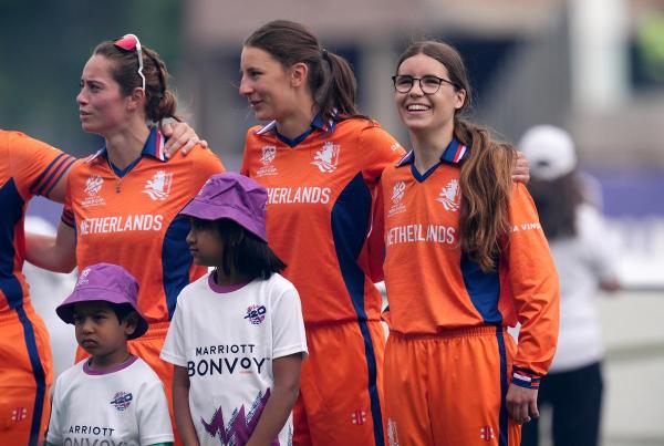 Netherlands' Rosalie Lawrence (right) and team-mates line up before the ICC Women's T20 World Cup, Group 1 match at Edgbaston, Birmingham.