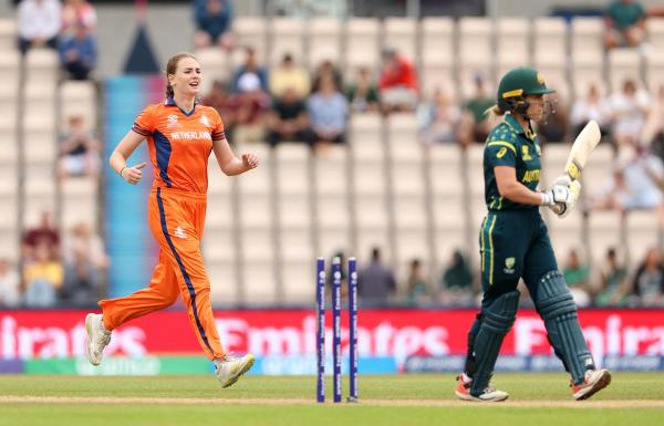 Iris Zwilling of Netherlands celebrates after taking the wicket of Sophie Molineux of Australia during the ICC Women's T20 World Cup Group A match between Australia and Netherlands.