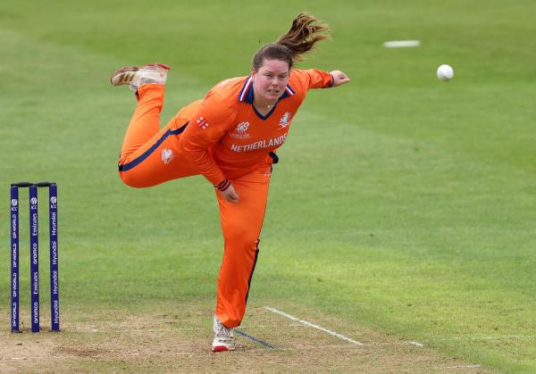 Caroline de Lange of Netherlands during the ICC Women's T20 World Cup England & Wales 2026 Warm up match.