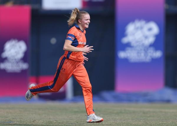 Hannah Landheer of Netherlands celebrates after dismissing Tara Norris of United States during the ICC Women´s T20 World Cup 2026.