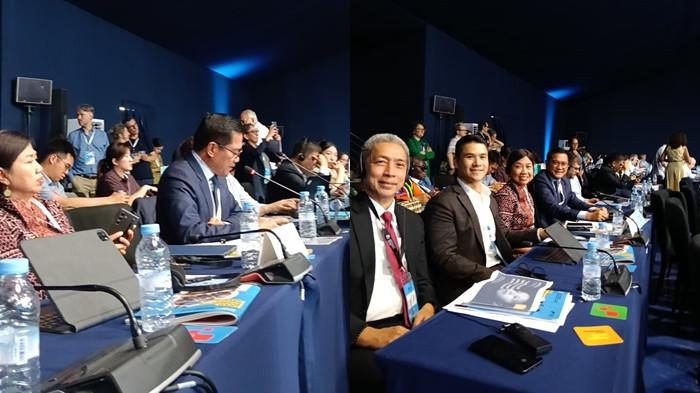KONGRES - Bupati Minahasa Utara (Minut) Joune Ganda (busana setelan jas navy/pakai kacamata) mengikuti Kongres Dunia UCLG ASPAC di Maroko, Selasa 23 Juni 2026. Bupati ke-3 Minut ini berbicara tentang langkah perdamaian untuk antisipasi konflik.