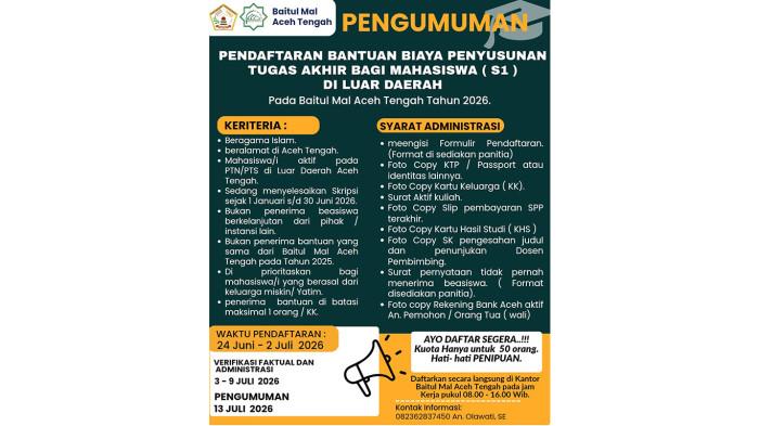 BEASISWA - Baitul Mal Kabupaten Aceh Tengah membuka pendaftaran bantuan pendidikan bagi mahasiswa asal Aceh Tengah yang menempuh studi di luar daerah.