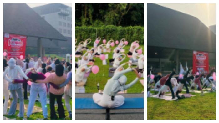Kiri ke kanan: Suasana sesi yoga yang diikuti puluhan peserta dengan iringan musik tradisional suling dan kecapi.