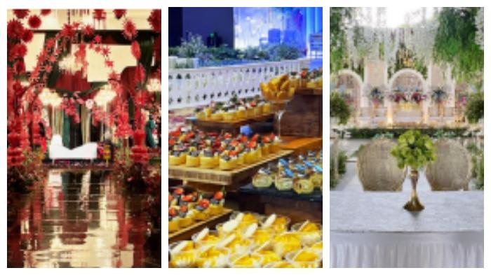 Kiri ke kanan: Dekorasi ballroom elegan di Aston Serang untuk resepsi pernikahan, buffet pernikahan dengan beragam menu, dan dekorasi pendopo dengan suasana semi-outdoor.
