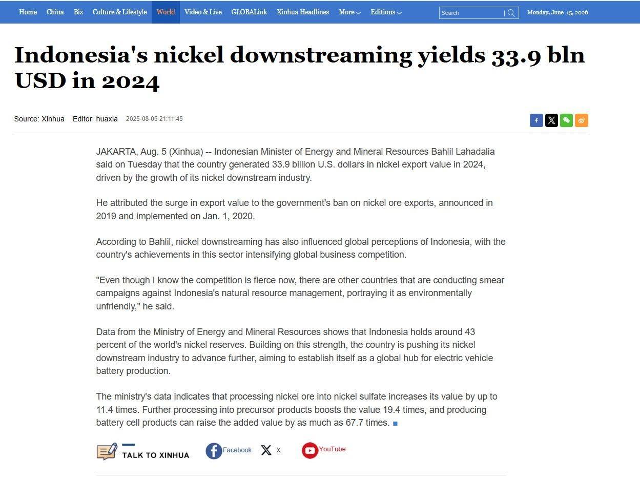 ANALISIS FRAMING - Tangkapan layar media Xinhua (5/8/2025) berjudul Indonesia's nickel downstreaming yields 33.9 bln USD in 2024. Artikel ini menggambarkan keberhasilan kebijakan hilirisasi nikel Indonesia dalam meningkatkan nilai ekspor.