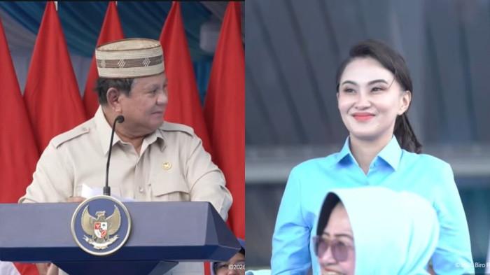 PENAS - Presiden Prabowo Subianto saat menoleh ke arah belakang dan Gubernur Maluku Utara Sherly Tjoanda saat namanya disebut Prabowo  di Pekan Nasional (Penas) Petani Nelayan 2026 di Provinsi Gorontalo pada Rabu 24 Jnuni 2026