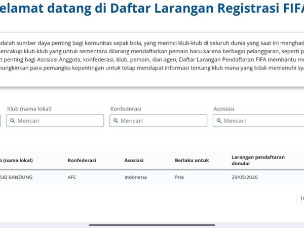 Persib Bandung masih masuk dalam daftar larangan registrasi pemain baru di website resmi FIFA per Kamis (24/6/2026).