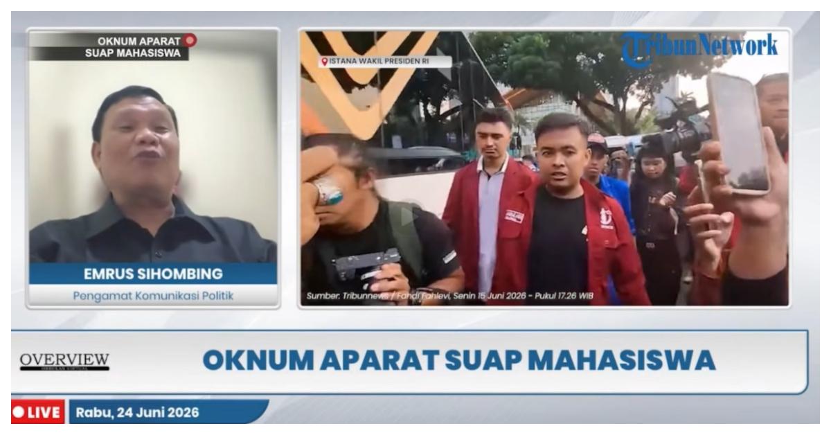 Pengamat Komunikasi Politik, Emrus Sihombing, wawancara dalam Program Overview yang dipandu host Gilang & Garudea dari Studio Tribunnews di Colomadu, Karanganyar, Jawa Tengah, Rabu (25/6/2026). Emrus menyarankan pihak kepolisian untuk mengusut dugaan pemberian uang kepada mahasiswa terkait.