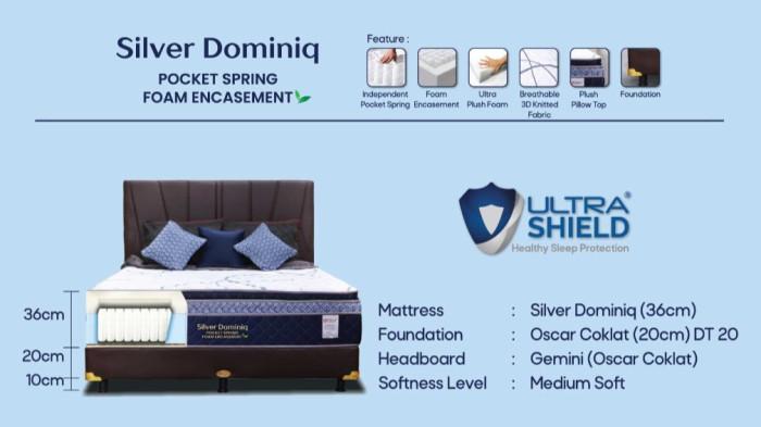 CENTRAL SPRING BED - Silver Dominiq dirancang untuk pengguna yang menginginkan kasur lebih empuk namun tetap stabil.