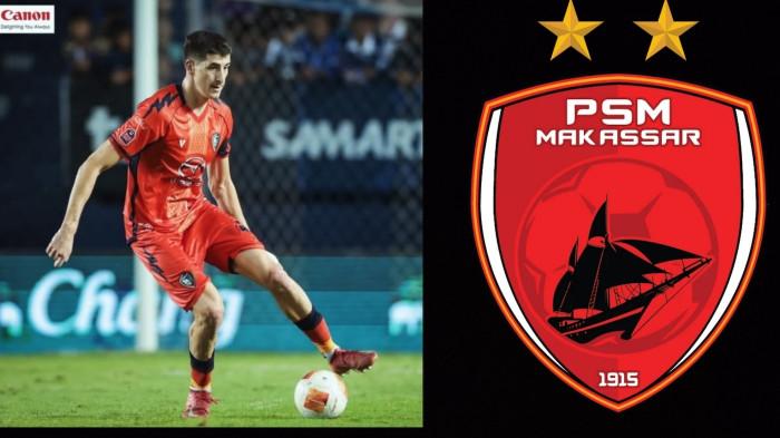 RUMOR PEMAIN - Bek asal Serbia Nenad Lalic saat berseragam Nakhonratchasima Mazda FC (kiri) dan logo PSM Makassar (kanan). Nenad Lalic dirumorkan bergabung ke PSM Makassar di musim 2026/2027.