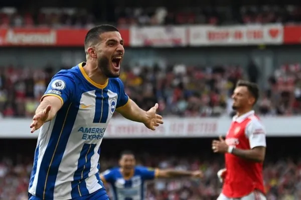 Deniz Undav celebrates after scoring Brightons second goal against Arsenal at the Emirates Stadium in London on May 14, 2023. Photo by AFP