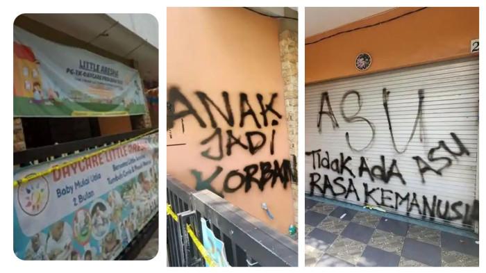 VANDALISME DI LITTLE ARESHA - Aksi vandalisme yang menyasar bangunan Little Aresha Daycare, di Kemantren Umbulharjo, Kota Yogyakarta, Selasa (28/4/2026) siang.