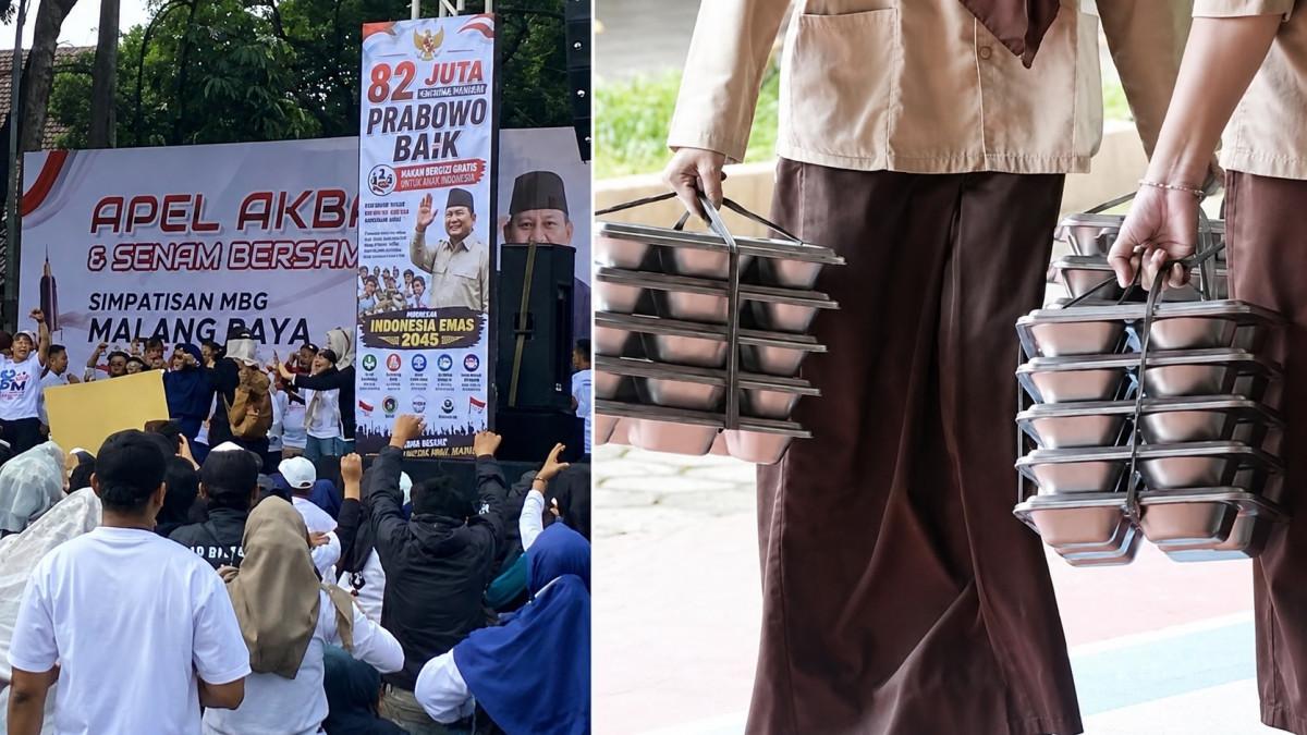 DEMO DUKUNG MBG - (kiri) Potret aksi tandingan perwakilan pengusaha MBG untuk melawan demo mahasiswa yang menolak program MBG. Ribuan massa simpatisan MBG turun ke jalan apel akbar dan senam bersama di Balai Kota Malang pada Sabtu (20/6/2026). 