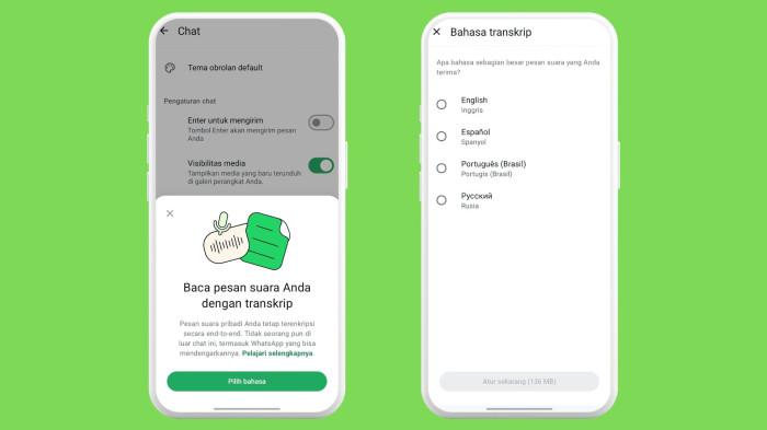 VOICE MESSAGE TRANSCRIPTS - Tampilan pengaturan fitur transkrip pesan suara WhatsApp beserta pilihan bahasa yang tersedia untuk mengubah voice note menjadi teks.
