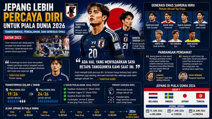 Penyerang timnas Jepang, Takefusa Kubo menilai timnya lebih percaya diri menatap Piala Dunia 2026. Belajar dari pengalaman di Qatar dan keberjalanan selama empat tahun menuju panggung dunia. (Ilustrasi Tribunnews via ChatGPT)