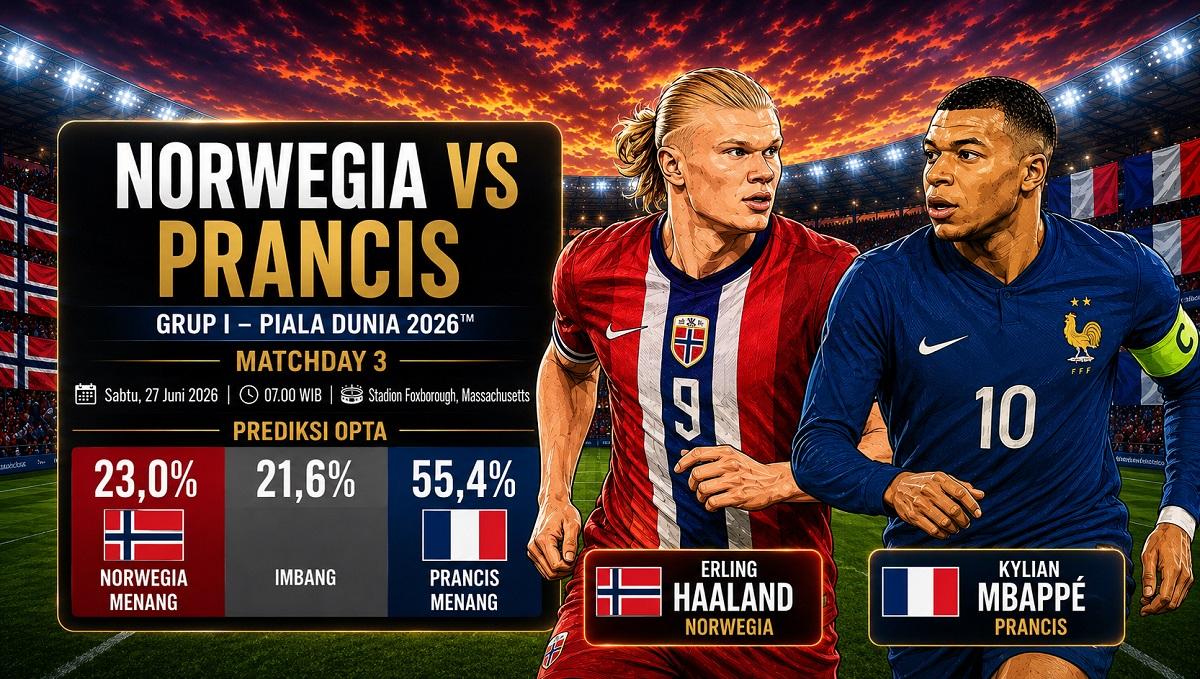 NORWEGIA VS PRANCIS - Prediksi Skor Norwegia vs Prancis pada pertandingan matchday ketiga Grup I Piala Dunia 2026 di Stadion Gillette, Foxborough, Massachusetts, Sabtu (27/6/2026) pukul 02.00 WIB. Keduanya sama-sama sudah lolos dan berburu status juara Grup.