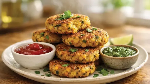 A stack of steaming hot, golden-brown pan-fried dal cutlets garnished with fresh coriander leaves, served on a plate with bowls of tomato ketchup and green chutney.