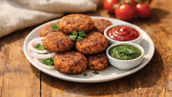 A plate of golden-brown pan-fried dal cutlets garnished with fresh coriander leaves, served with bowls of tomato ketchup and green mint chutney on a wooden table.