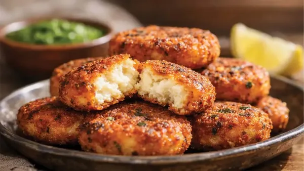 A close-up of a crispy, golden-brown pan-fried cutlet broken in half to reveal its soft white inner texture, stacked with other cutlets on a plate with green chutney and a lemon wedge in the background.